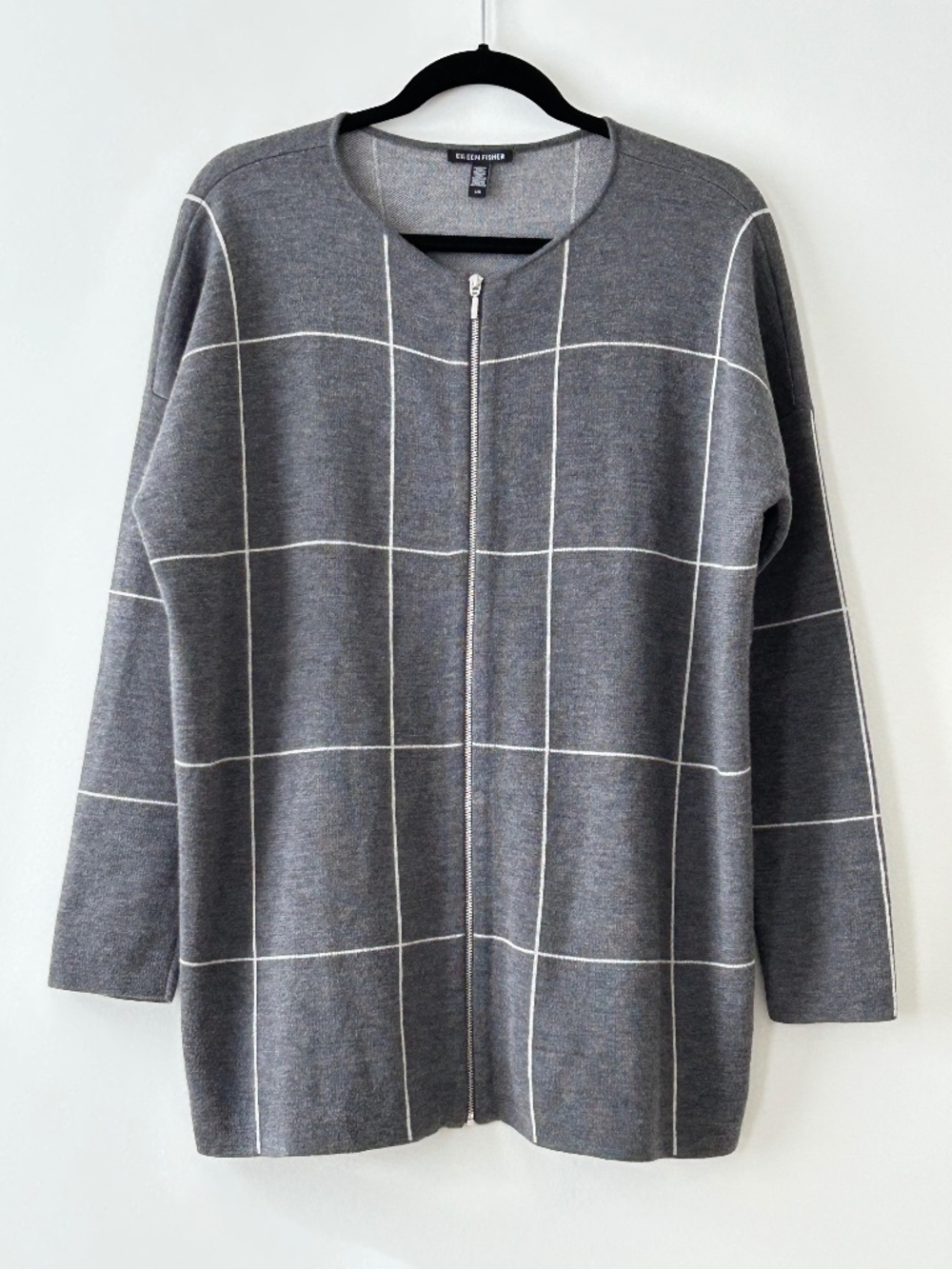 Eileen Fisher 100% Merino Wool Gray Windowpane Zip Up Cardigan Coat